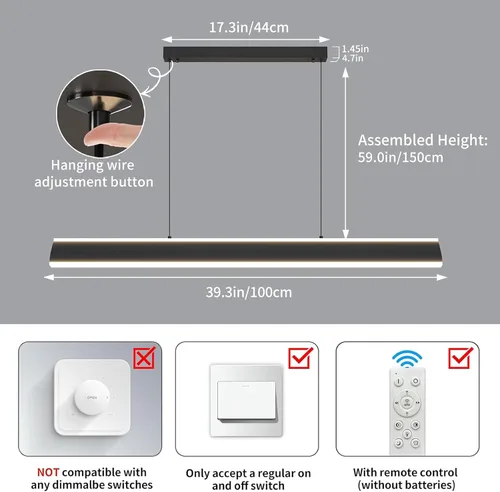 Vista 6 de Lámpara de araña moderna, lámpara colgante LED de 39 pulgadas con control remoto de 3000 a 6500 K, temperatura de color ajustable, lámpara