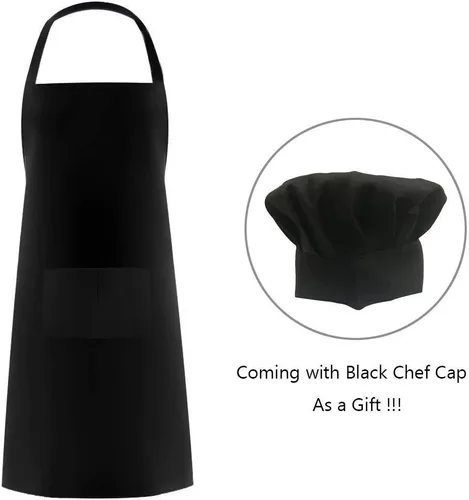 Vista 7 de Juego de sombrero y delantal de chef negro, delantal con babero en tamaño grande y sombrero de chef, babero para cocinar a la parrilla, delantal