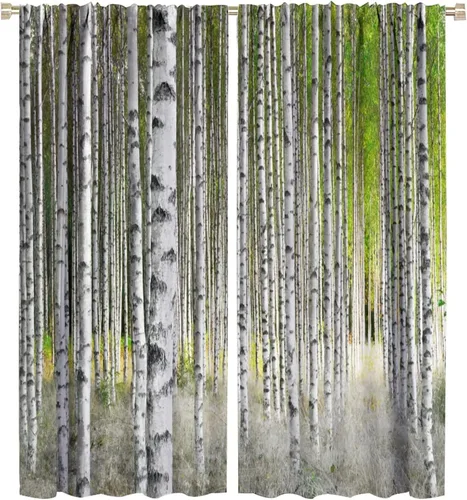 Vista 87 de Cortina opaca de bosque de verano, diseño de ramas de bosque, con bolsillo para barra, cortinas farbic con bolsillo para barra, comedor, cafetería