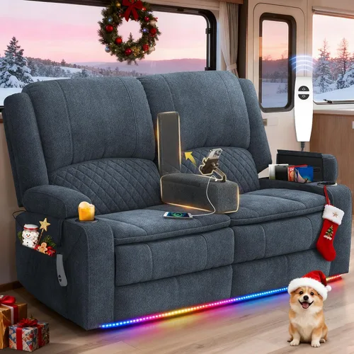 Vista 34 de Sofá reclinable de 3 plazas, sofá reclinable con consola elevable (tela, azul) Reclining Sofa with USB Removable Armrest, RV Sofa with Cup Holder