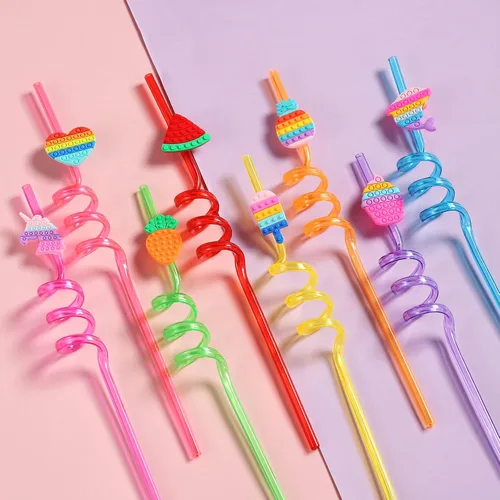 Vista 2 de 24 pajitas de plástico para beber para fiestas de cumpleaños, 8 diseños de Pop Fidget ideales para suministros de fiesta pop con 2 cepillos