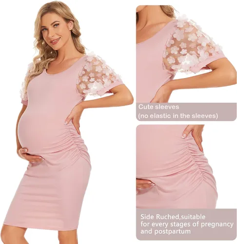Vista 5 de Vestido midi de maternidad de manga larga con malla floral, vestido ajustado de maternidad para baby shower, sesión de fotos