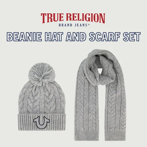 Vista 2 de True Religion womens Beanie Hat and Scarf Set, Winter Cuffed Knit Cap With Lurex Cable Pom and Scarf
