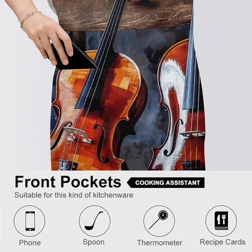 Vista 5 de MUSM Apron for Adults - 27.6 X 31.5 Inch, Heavy-Duty Polyester Aprons with Two Large Pockets, Waterproof Violin And Cello Kitchen Apron for Cooking
