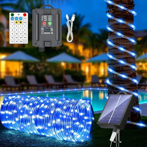 Vista 10 de Nuevas luces de cuerda solares mejoradas para exteriores, impermeables, 32m, 300 LED, luces de tira solares con control remoto, temporizador