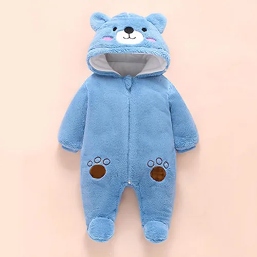 Vista 4 de Poyxiany Mameluco de invierno con capucha para bebé, niñas y niños, con orejas de oso, de forro polar, traje de franela, lindo y cálido