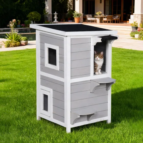 Vista 2 de Casa para gatos al aire libre de 2 pisos con puerta de escape, refugio para gatos feral, resistente a la intemperie para exteriores, techo