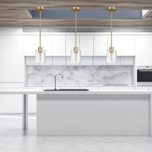 Vista 6 de Paquete de 3 luces colgantes de latón para isla de cocina, lámpara moderna dorada de cristal transparente, varillas ajustables con múltiples