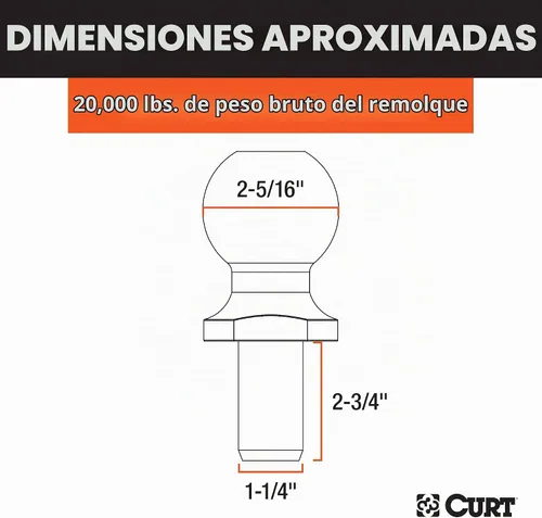 Vista 2 de CURT 40009 Bola de enganche cromada para remolque, 20,000 libras, 2-5/16 pulgadas de diámetro, vástago de 1-1/4 x 2-3/4 pulgadas