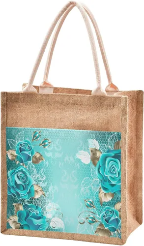Vista 2 de Eionryn Bolsa de arpillera de yute de gnomo de invierno de Navidad, bolsa de compras reutilizable para comestibles, Turquesa(Turquoise Rose)