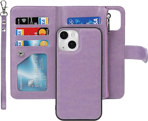 Vista 15 de iCoverCase Compatible con iPhone 13 - Funda tipo cartera para teléfono con tarjetero, piel sintética, bolsillo con cremallera, magnética
