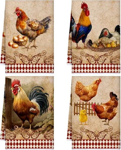 Vista 10 de Geyoga 4 toallas de cocina de pollo, gallo, toallas de mano con animales de granja, vaca, vintage, rústico, paño de té para primavera, Pascua, baño