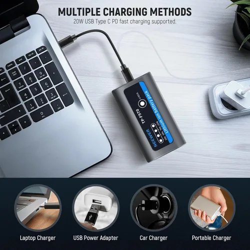 Vista 9 de Neewer Batería de repuesto NP-F970 de 10500 mAh, tiempo de carga completa de 4.8 horas, cable USB C de carga rápida PD de 20 W, batería recargable
