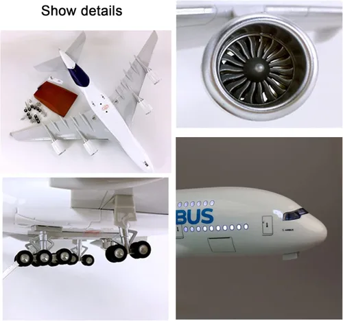 Vista 5 de Modelo de avión Airbus A380 de 18.1 pulgadas, modelo a escala 1:160, fundido a presión con ruedas, iluminación LED activada por voz, adultos