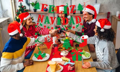 Vista 2 de Cartel de Feliz Navidad – Cartel de Navidad mexicana española, decoraciones de purpurina roja y verde para el hogar, mantel de fiesta (premontado)