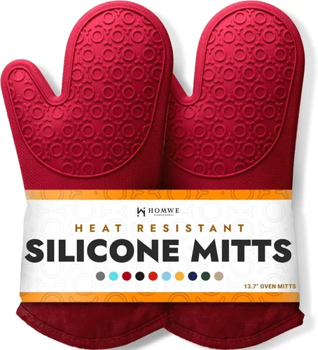 Vista 33 de HOMWE - Manopla de horno profesional y extralarga de silicona, guantes con forro acolchado, agarraderas resistentes al calor, guantes flexibles