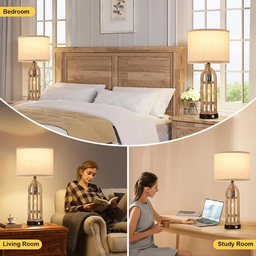 Vista 4 de Seealle Juego de 2 Lámparas de Mesa para Sala de Estar - Lámpara de Noche de Aspecto de Madera para Dormitorio con USB C+A y Enchufe, Lámparas