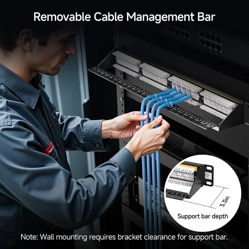 Vista 4 de [Listado UL] Cable Matters Panel de conexiones Cat6 de 24 puertos y 10 Gbps con barra de soporte 1U, montaje en rack o montaje en pared, 19