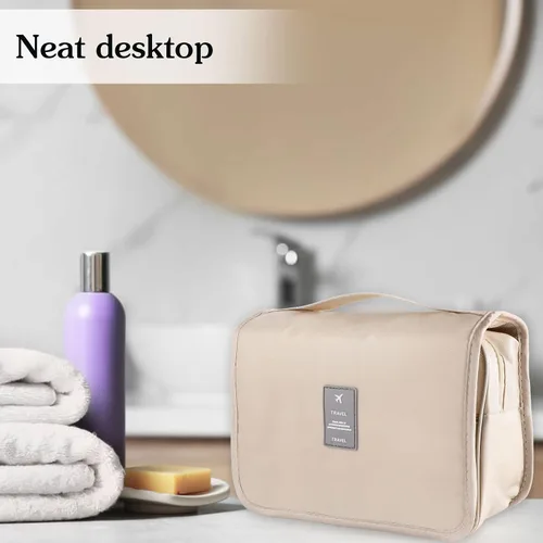 Vista 7 de Pengxiaomei Neceser para mujer, bolsa de cosméticos impermeable para colgar, bolsa portátil de maquillaje de viaje, bolsa de baño con asa Beige