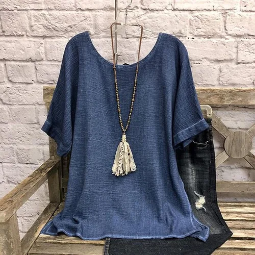 Vista 2 de Camiseta de lino de algodón para mujer, de manga corta, casual, cómoda, suave, cuello redondo, con vuelo, C01#Navy, L
