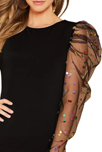 Vista 4 de WDIRARA Women's Polka Dots Sheer Dobby Mesh Square Neck Long Sleeve Skinny Bodysuit