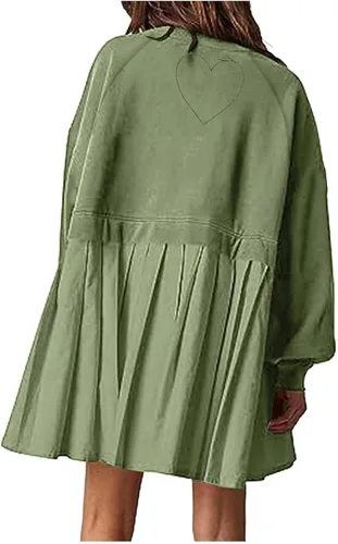 Vista 4 de Sudadera plisada fluida para mujer, vestido de sudadera de gran tamaño, cuello redondo, manga larga, sin botones, Ofertas de de C-green
