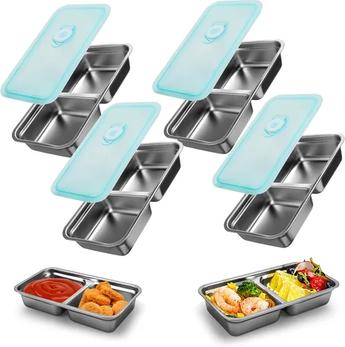Vista 10 de Recipientes reutilizables de acero inoxidable con tapas, contenedores de doble compartimento para aperitivos, recipientes pequeños para condimentos