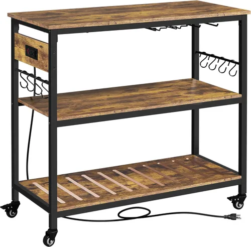 Vista 10 de Yaheetech Carrito de isla de cocina con toma de corriente, carritos de cocina con ruedas con almacenamiento, soporte de microondas de 3 niveles
