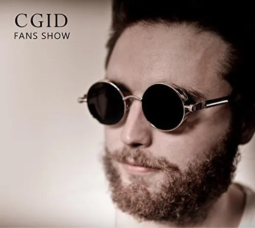 Vista 2 de CGID E72 - Lentes de sol polarizados redondos con círculos de metal estilo steampunk retro para mujeres y hombres