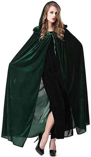Vista 3 de Disfraz de capa de bruja, máscara, capa con capucha, disfraz, vestido de fiesta de la Noche de Brujas, Estándar, Verde