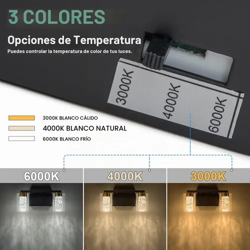 Vista 3 de SineRise - Lámpara de tocador de 2 luces, negra y dorada, con 3 modos de color (3000K/4000K/6000K), lámpara de baño LED con protección ocular