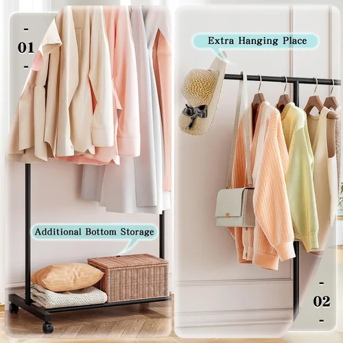 Vista 6 de SUOERNUO Perchero con ruedas para colgar ropa, perchero de metal portátil para dormitorio, lavandería, sala de estar