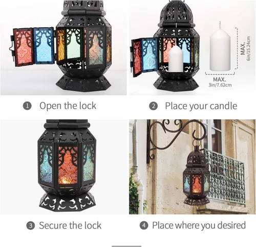 Vista 6 de Lewondr Farol de vela retro de hierro Ramadán, portátil de hierro forjado marroquí, de 10.2 pulgadas, portavelas decorativo, lámpara colgante