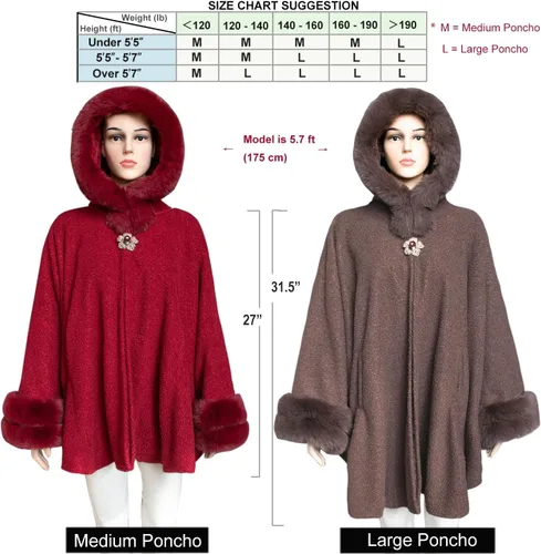Vista 5 de Dahlia Poncho de invierno para mujer con ribete de piel sintética y forro polar