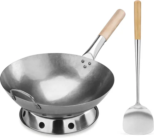 Vista 9 de New Star Foodservice 1029154 Acero al carbono martillado a mano, acero al carbono Wok antiadherente, incluye fondo redondo de 12.7 pulgadas, tapa