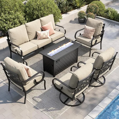 Vista 15 de PHI VILLA Patio Furniture Set with 4 Rocking Chairs & Fire Pit, Beige
