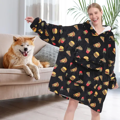 Vista 5 de Fiosnow Sudaderas con capucha de pizza y papas fritas para mujeres y hombres, sudaderas con capucha de tamaño grande para adultos, manta portátil