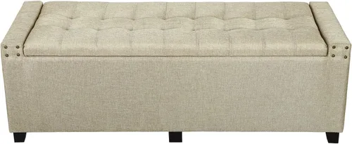 Vista 13 de Adeco Otomana de almacenamiento, banco tapizado rectangular de piel sintética con patas de madera, reposapiés, mesa de café para sala de estar Negro