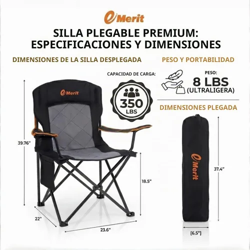 Vista 3 de EMERIT Silla de campamento, 350 libras, silla plegable cuádruple resistente con brazos, sillas plegables para exteriores con respaldo lumbar
