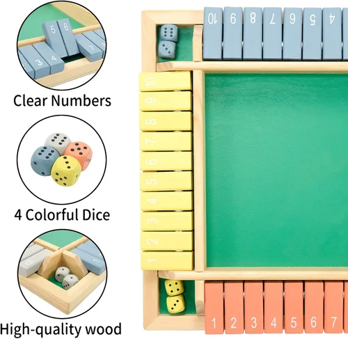 Vista 4 de WOOD CITY Juego Shut The Box de Madera para 4 Jugadores, Juego de Mesa Clásico para Niños y Adultos, Juguete Educativo de Aprendizaje