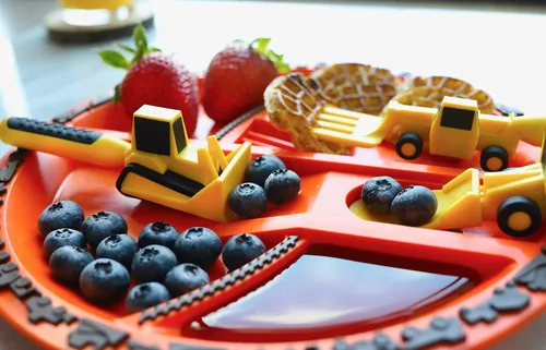 Vista 9 de Set de plato y utensilios para comer Constructive Eating con motivo de construcción, Amarillo y naranja