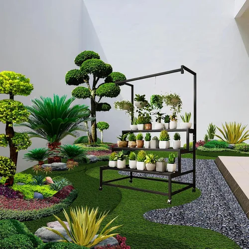 Vista 3 de Soporte de metal grande de 3 niveles, con estante alto para macetas colgantes, con rodillos resistente para plantas, para el hogar, jardín, sala