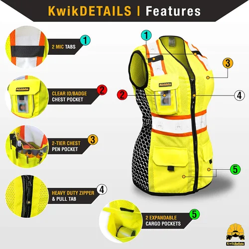 Vista 3 de KwikSafety QUEEN BEE - Chaleco de seguridad para mujer [amarillo, L] + paquete de casco duro de ala completa TORTOISE