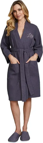 Vista 16 de Lotus Linen Women’s Lightweight Waffle Spa Robes – Soft Cotton Knee Length Bathrobe, Personalized Bridesmaids Robe Negro