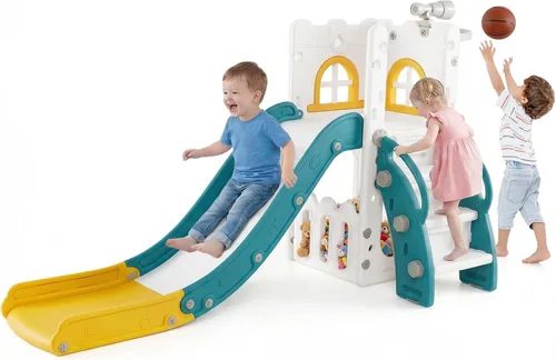 Vista 15 de OLAKIDS Tobogán para niños pequeños, 6 en 1 para interiores y exteriores, con aro de baloncesto, telescopio, almacenamiento de juguetes para niños