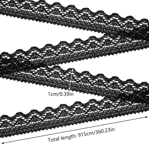Vista 2 de Ribete de encaje negro de 10 yardas, cinta de encaje de ganchillo de 0.39 pulgadas para manualidades, cordones elásticos anchos para decoración