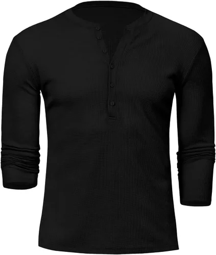 Vista 2 de Camisas Henley de manga larga con cuello en V y botones para hombre