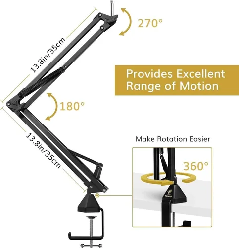 Vista 6 de TONOR Soporte de brazo para micrófono, soporte de micrófono de tijera de suspensión ajustable con filtro pop, adaptador de 3/8 a 5/8 pulgadas
