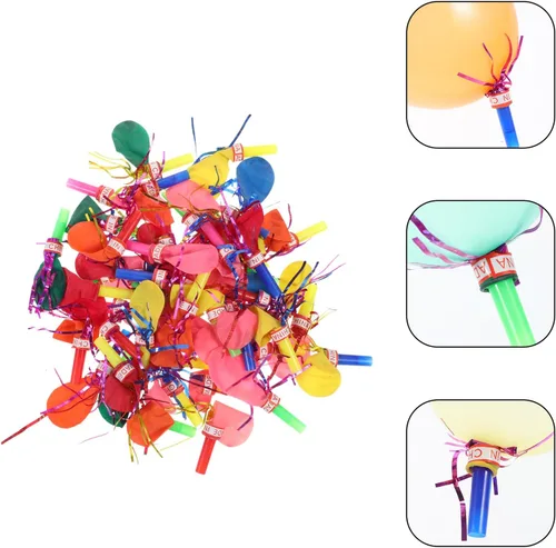 Vista 4 de BESTOYARD 100 globos musicales con purpurina mixta con flecos metálicos ruidos para niños, lindos silbatos para Halloween, fiesta de Navidad