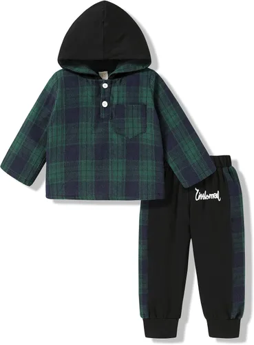 Vista 15 de YOUNGER TREE Conjunto de sudadera con capucha para niños pequeños, conjunto de camisa de franela a cuadros para otoño, invierno y primavera